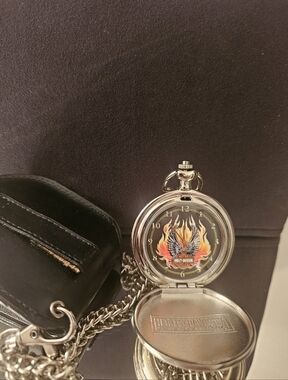 Harley-Davidson Silver Pocket Watch with Flaming Logo Dial